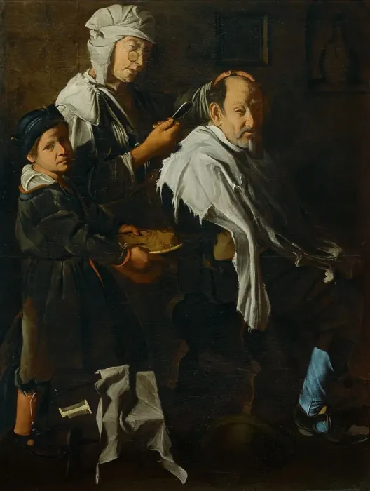 Framed Print : A barber shop, Last quarter of the 17th century. Creator: Master of Blue Jeans (active around 1675-1700) Framed Print : A barber shop, Last quarter of the 17th century. Creator: Master of Blue Jeans (active around 1675-1700)