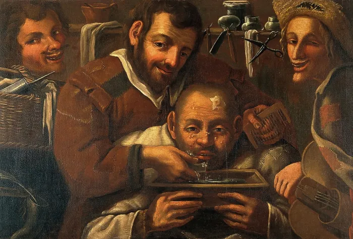 Framed Print : A barber-surgeon attending to a man's forehead, c16th century. Creator: Unknown. A barber-surgeon attending to a man's forehead, c16th century. Creator: Unknown Framed Print : A barber-surgeon attending to a man's forehead, c16th century. Creator: Unknown. A barber-surgeon attending to a man's forehead, c16th century. Creator: Unknown