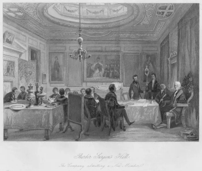 Framed Print : Barber Surgeons Hall. The Company admitting a New Member, c1841. Artist: Thomas H Ellis Framed Print : Barber Surgeons Hall. The Company admitting a New Member, c1841. Artist: Thomas H Ellis