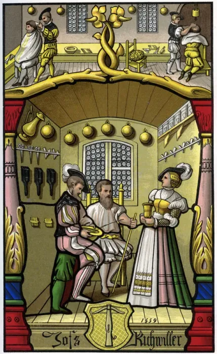 Framed Print : Barber and wigmaker, 16th century (1849). Artist: H Moulin Framed Print : Barber and wigmaker, 16th century (1849). Artist: H Moulin