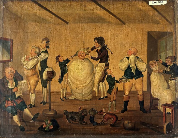 Framed Print : A barber's shop, 1784. Creator: Bunbury, Henry William, 1750-1811 (After). A barber's shop, 1784. Creator: Bunbury, Henry William, 1750-1811 (After) Framed Print : A barber's shop, 1784. Creator: Bunbury, Henry William, 1750-1811 (After). A barber's shop, 1784. Creator: Bunbury, Henry William, 1750-1811 (After)