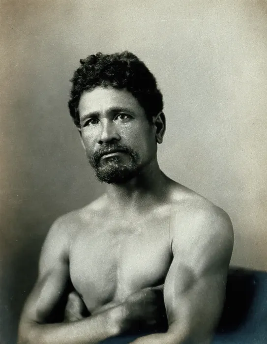 Framed Print : A barechested, bearded Samoan man, with his arms crossed, c1900. Creator: Unknown Framed Print : A barechested, bearded Samoan man, with his arms crossed, c1900. Creator: Unknown