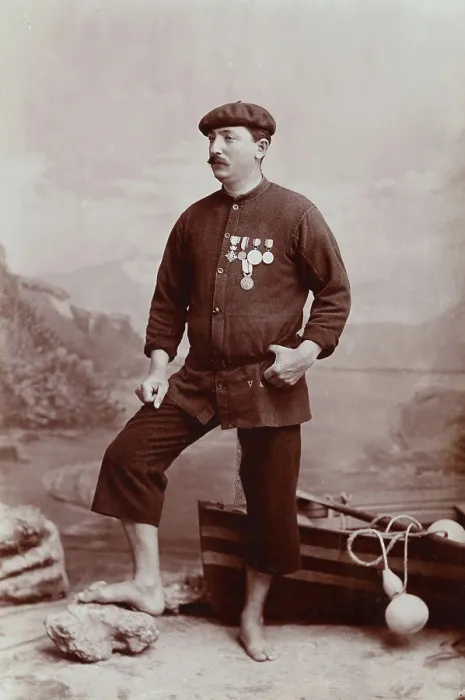 Framed Print : A barefoot Basque fisherman posing with several medals on his tunic, undated, estimated c1900s. Creator: Unknown Framed Print : A barefoot Basque fisherman posing with several medals on his tunic, undated, estimated c1900s. Creator: Unknown