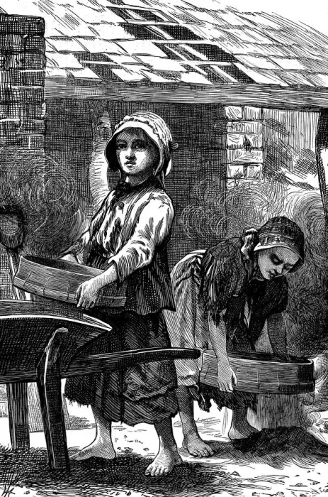Framed Print : Barefoot girls sifting dust in a brickyard, 1871 Framed Print : Barefoot girls sifting dust in a brickyard, 1871