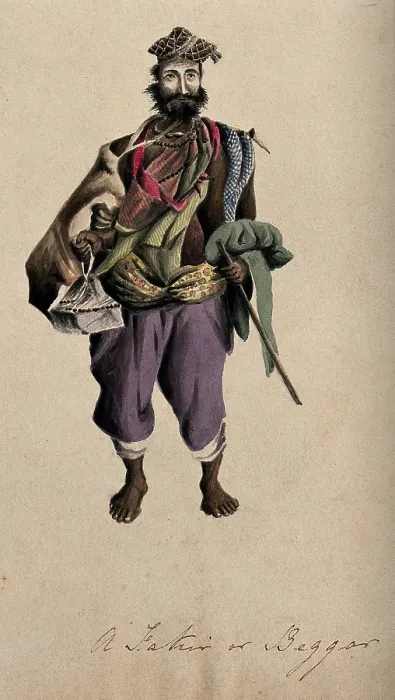 Framed Print : A barefoot man wearing a cloak, hat and beads: he is carrying a stick. Creator: Unknown Framed Print : A barefoot man wearing a cloak, hat and beads: he is carrying a stick. Creator: Unknown