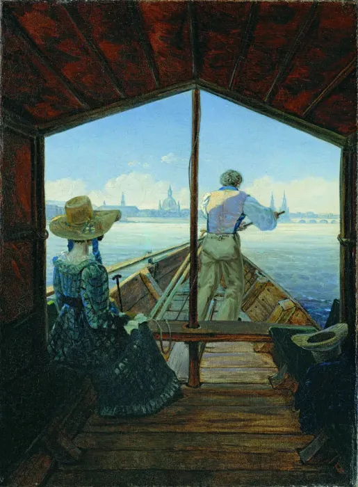 Framed Print : Barge Trip on the Elbe near Dresden (Morning on the Elbe), 1827. Artist: Carus, Carl Gustav (1789-1869) Framed Print : Barge Trip on the Elbe near Dresden (Morning on the Elbe), 1827. Artist: Carus, Carl Gustav (1789-1869)