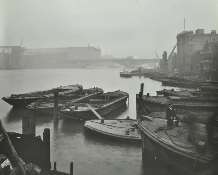Framed Print : Barges moored at Bankside wharves looking downstream, London, 1913 Framed Print : Barges moored at Bankside wharves looking downstream, London, 1913