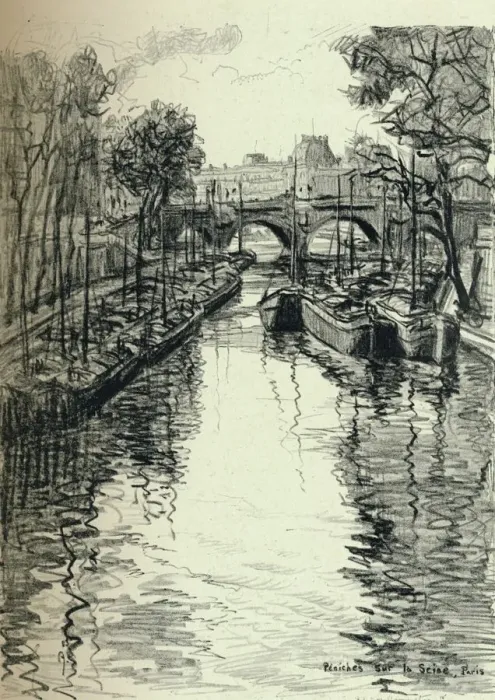 Framed Print : Barges on the Seine, 1915. Artist: Frank Milton Armington Framed Print : Barges on the Seine, 1915. Artist: Frank Milton Armington