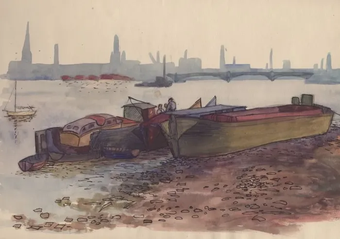 Framed Print : Barges on the Thames in London, 1951. Creator: Shirley Markham Framed Print : Barges on the Thames in London, 1951. Creator: Shirley Markham