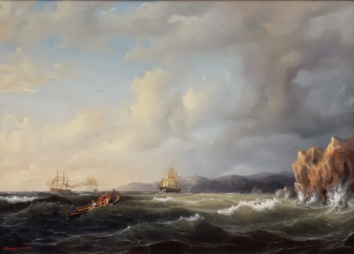 Framed Print : Bark Beating to Windward at Kullaberg, 1849. Creator: Markus Larsson Framed Print : Bark Beating to Windward at Kullaberg, 1849. Creator: Markus Larsson