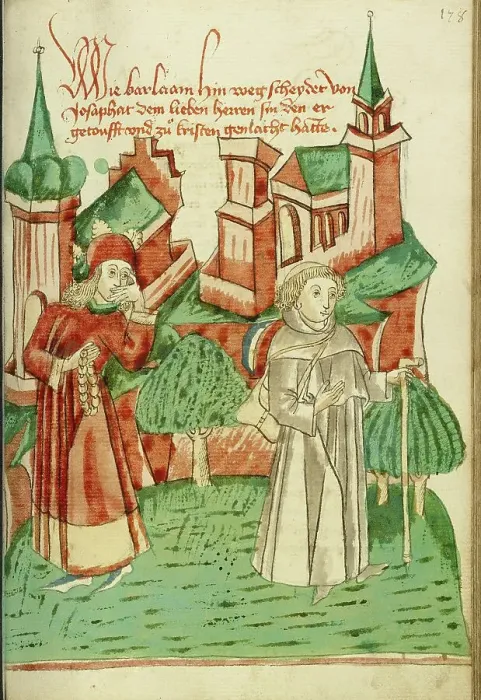 Framed Print : Barlaam Departs as Josaphat Watches him Sadly; Barlaam und Josaphat, 1469. Creators: Hans Schilling, Diebolt Lauber Framed Print : Barlaam Departs as Josaphat Watches him Sadly; Barlaam und Josaphat, 1469. Creators: Hans Schilling, Diebolt Lauber