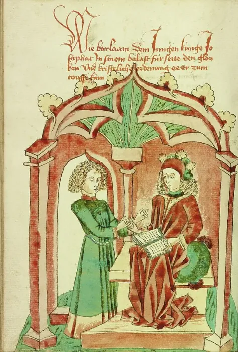 Framed Print : Barlaam Instructing Josaphat in the True Faith; Barlaam und Josaphat, 1469. Creators: Hans Schilling, Diebolt Lauber Framed Print : Barlaam Instructing Josaphat in the True Faith; Barlaam und Josaphat, 1469. Creators: Hans Schilling, Diebolt Lauber