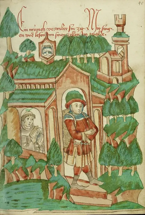 Framed Print : Barlaam Leaving the Hermitage; Barlaam und Josaphat, 1469. Creators: Hans Schilling, Diebolt Lauber