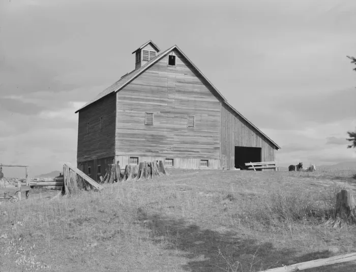 Framed Print : The barn of an older settler on established farm, Boundary County, Idaho, 1939. Creator: Dorothea Lange Framed Print : The barn of an older settler on established farm, Boundary County, Idaho, 1939. Creator: Dorothea Lange