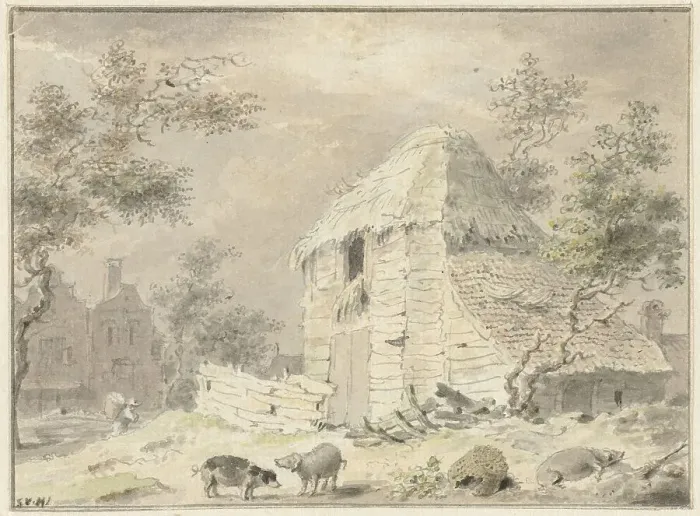 Framed Print : Barn with some pigs, 1700-1800. Creator: Samuel van Huls Framed Print : Barn with some pigs, 1700-1800. Creator: Samuel van Huls
