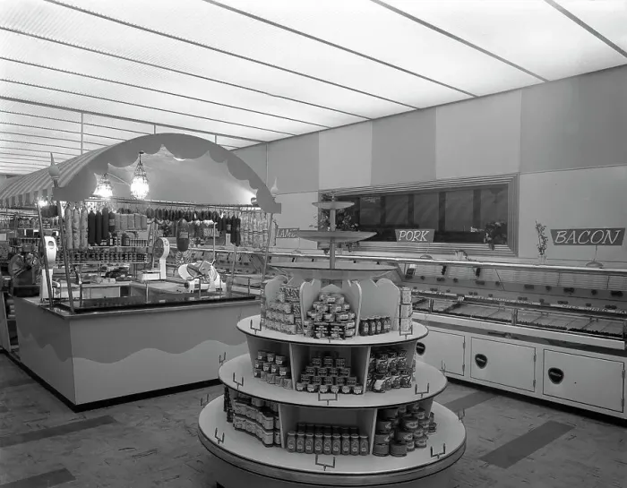 Framed Print : Barnsley Co-op, butchery department, 1957. Artist: Michael Walters Framed Print : Barnsley Co-op, butchery department, 1957. Artist: Michael Walters