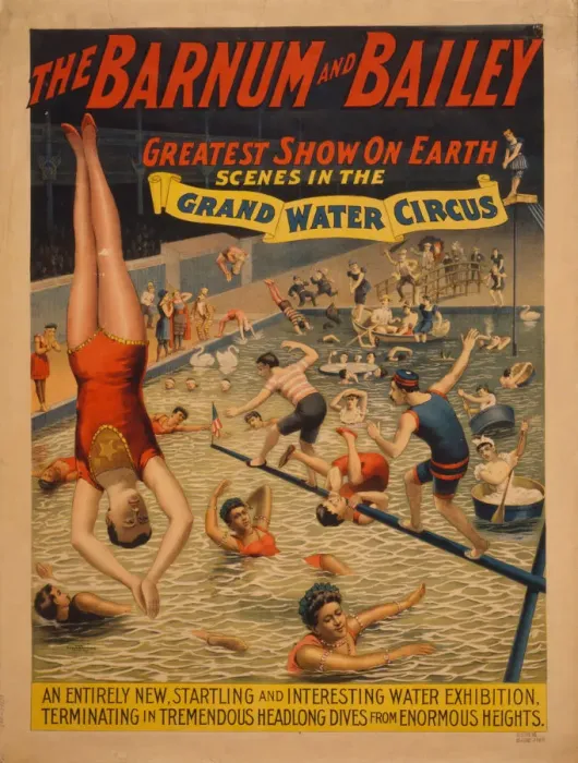 Framed Print : The Barnum & Bailey greatest show on earth. Scenes in the grand water circus, c. 1895. Artist: The Strobridge Lithographing Company Framed Print : The Barnum & Bailey greatest show on earth. Scenes in the grand water circus, c. 1895. Artist: The Strobridge Lithographing Company