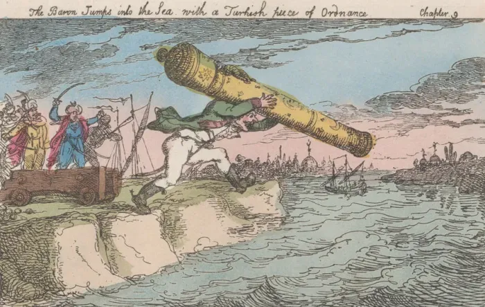 Framed Print : The Baron Jumps into the Sea with a Turkish piece of Ordnance, [1809], re
