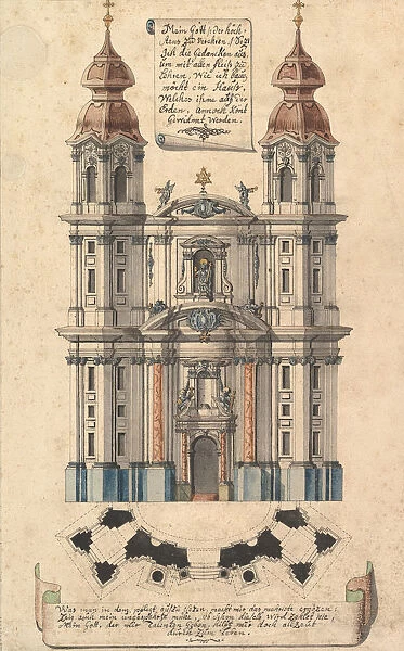 Baroque Church Facade with Obliquely Placed Towers. ca. 1760-70