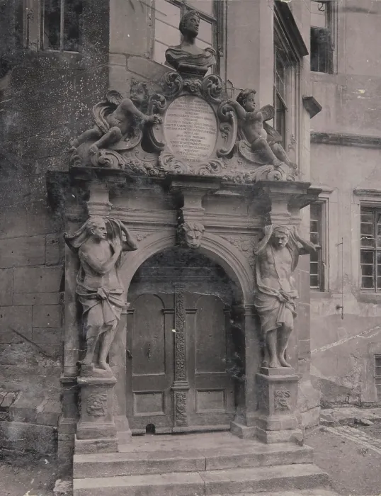 Framed Print : Baroque portal with atlantes (telamons), Rothenburg ob der Tauber, 1890-1900. Creator: Unknown Framed Print : Baroque portal with atlantes (telamons), Rothenburg ob der Tauber, 1890-1900. Creator: Unknown