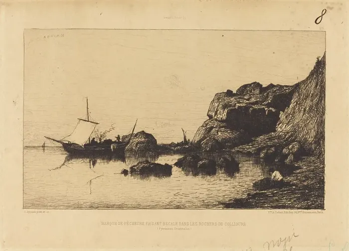 Framed Print : Barque de pecheurs faisant escale dans les rochers de Collioure. Creator: Adolphe Appian Framed Print : Barque de pecheurs faisant escale dans les rochers de Collioure. Creator: Adolphe Appian