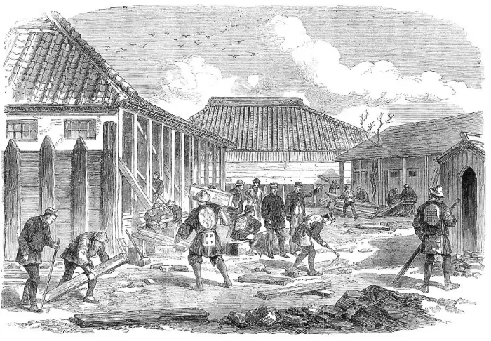 Framed Print : Barracks for British troops in course of erection at Yokohama...by our special artist in Japan, 1864 Creator: Unknown Framed Print : Barracks for British troops in course of erection at Yokohama...by our special artist in Japan, 1864 Creator: Unknown