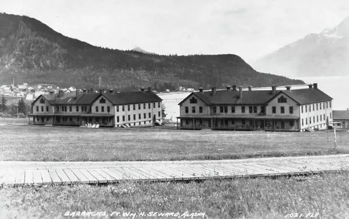 Framed Print : Barracks at Ft. Wm. H. Seward, between c1900 and c1930. Creator: Unknown Framed Print : Barracks at Ft. Wm. H. Seward, between c1900 and c1930. Creator: Unknown