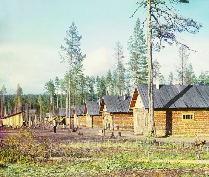 Framed Print : Barracks for prisoners of war along the Murmansk railway, 1915. Creator: Sergey Mikhaylovich Prokudin-Gorsky Framed Print : Barracks for prisoners of war along the Murmansk railway, 1915. Creator: Sergey Mikhaylovich Prokudin-Gorsky