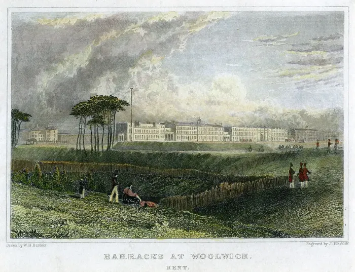 Framed Print : Barracks at Woolwich, Kent, c1830. Artist: J Hinchliff Framed Print : Barracks at Woolwich, Kent, c1830. Artist: J Hinchliff