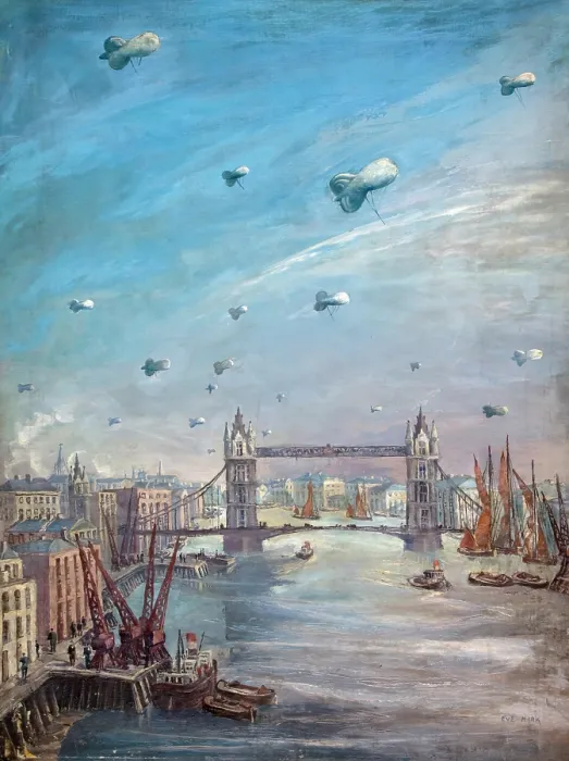 Framed Print : Barrage balloons over the Thames, between 1939 and 1946. Creators: Central Office of Information, Eve Kirk