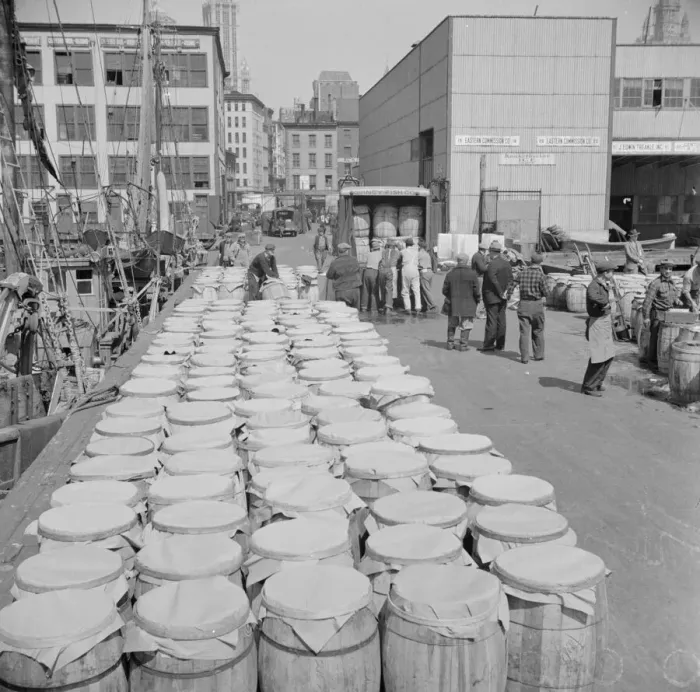 Framed Print : Barrels of fish on the docks at Fulton fish market ready to be shipped to retailers, New York, 1943. Creator: Gordon Parks Framed Print : Barrels of fish on the docks at Fulton fish market ready to be shipped to retailers, New York, 1943. Creator: Gordon Parks