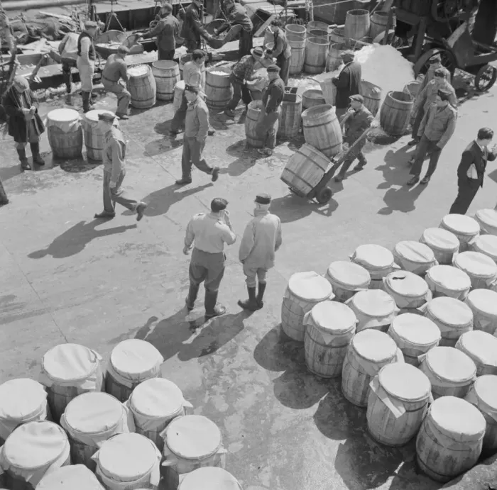 Framed Print : Barrels of fish on the docks at Fulton fish market ready to be shipped to retailers, New York, 1943. Creator: Gordon Parks Framed Print : Barrels of fish on the docks at Fulton fish market ready to be shipped to retailers, New York, 1943. Creator: Gordon Parks