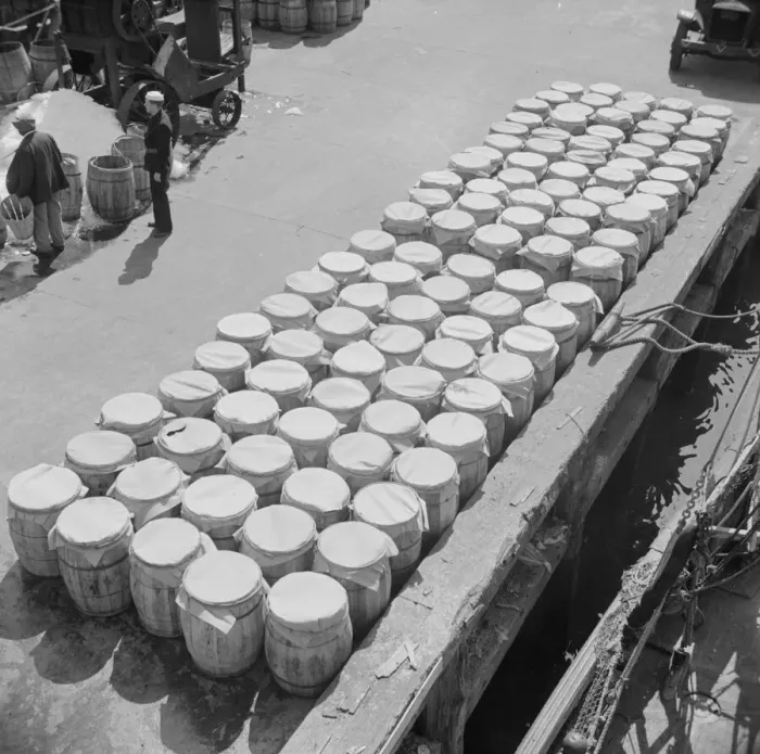 Framed Print : Barrels of fish on the docks at Fulton fish market ready to be shipped to retailers, New York, 1943. Creator: Gordon Parks Framed Print : Barrels of fish on the docks at Fulton fish market ready to be shipped to retailers, New York, 1943. Creator: Gordon Parks