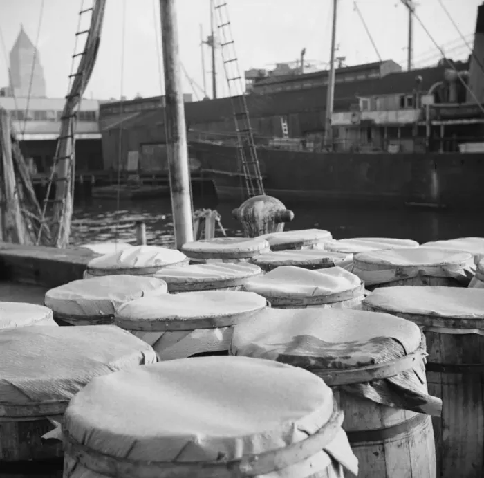 Framed Print : Barrels of fish on the docks at the Fulton fish market ready to be shipped to... New York, 1943. Creator: Gordon Parks Framed Print : Barrels of fish on the docks at the Fulton fish market ready to be shipped to... New York, 1943. Creator: Gordon Parks