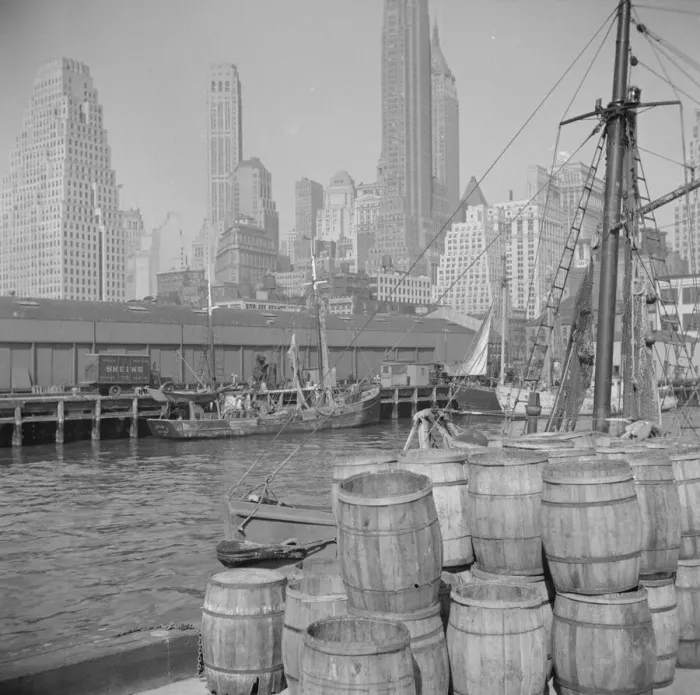 Framed Print : Barrels for loading fish at the Fulton fish market, New York, 1943. Creator: Gordon Parks Framed Print : Barrels for loading fish at the Fulton fish market, New York, 1943. Creator: Gordon Parks