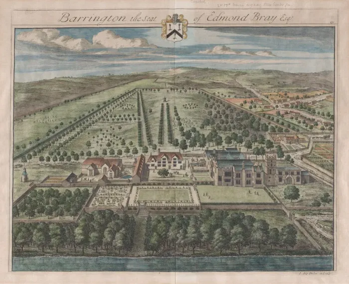 Framed Print : Barrington, The Seat of Edmond Bray, Esq. [1712] reissued 1768. Creator: Johannes Kip