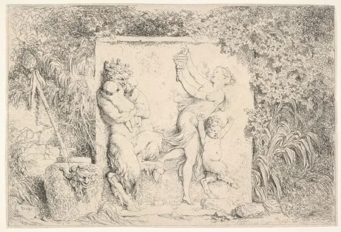 Framed Print : A bas-relief depicting a satyr at left holding two infants, another child satyr to right Framed Print : A bas-relief depicting a satyr at left holding two infants, another child satyr to right