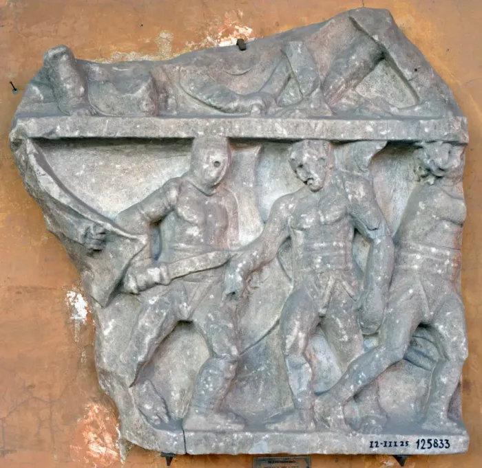 Framed Print : A bas-relief of a fight between Secutor and Retiarius, 3rd century, Rome Framed Print : A bas-relief of a fight between Secutor and Retiarius, 3rd century, Rome