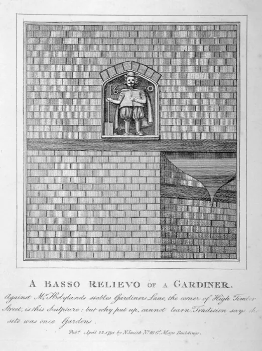 Framed Print : Bas relief of a gardener, Gardners Lane, City of London, 1791 Framed Print : Bas relief of a gardener, Gardners Lane, City of London, 1791