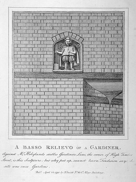 Bas relief of a gardener, Gardners Lane, City of London, 1791
