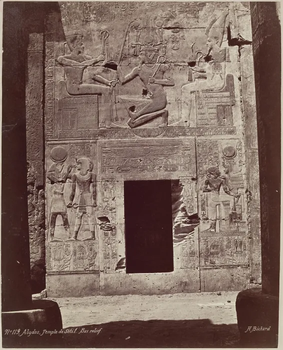 Framed Print : Bas Relief on Temple of Seti I at Abydos, late 19th century. Creator: Henri Bechard Framed Print : Bas Relief on Temple of Seti I at Abydos, late 19th century. Creator: Henri Bechard