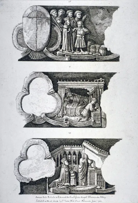 Framed Print : Three bas-reliefs in Edward the Confessors Chapel, Westminster Abbey, London, 1782 Framed Print : Three bas-reliefs in Edward the Confessors Chapel, Westminster Abbey, London, 1782