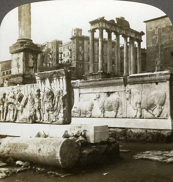 Bas reliefs of Trajan and Column of Phocas in the Forum, Rome, Italy. Artist: Underwood & Underwood