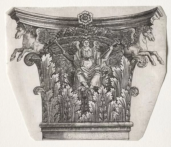 Base and Capital with Figure of Fame and Winged Horses (capital), c. 1525-1550. Creator: Master G