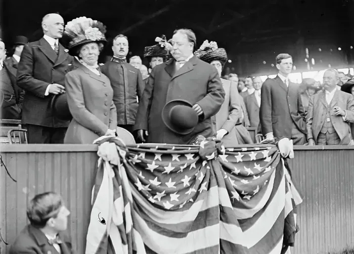 Framed Print : Baseball, Professional - President And Mrs. Taft; General Clarence Edwards, 1910. Creator: Harris & Ewing. Baseball, Professional - President And Mrs. Taft; General Clarence Edwards, 1910. Creator: Harris & Ewing