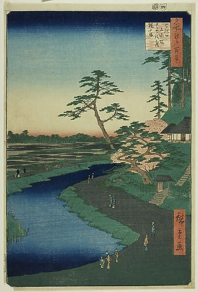 Basho's Hut on Camellia Hill Beside the Aquaduct at Sekiguchi, from the series 'One Hundred...1857. Creator: Ando Hiroshige. Basho's Hut on Camellia Hill Beside the Aquaduct at Sekiguchi, from the series 'One Hundred...1857