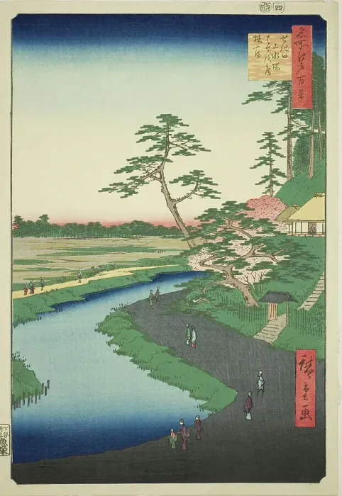 Framed Print : Basho's Hut on Camellia Hill Beside the Aquaduct at Sekiguchi (Sekiguchi josui-bata... 1857. Creator: Ando Hiroshige) Framed Print : Basho's Hut on Camellia Hill Beside the Aquaduct at Sekiguchi (Sekiguchi josui-bata... 1857. Creator: Ando Hiroshige)