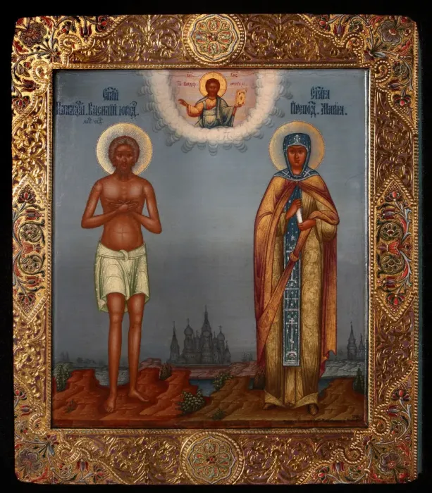 Framed Print : Basil the Blessed and Saint Mary of Egypt, 1901. Artist: Chirikov, Osip Semionovich (?-1903)