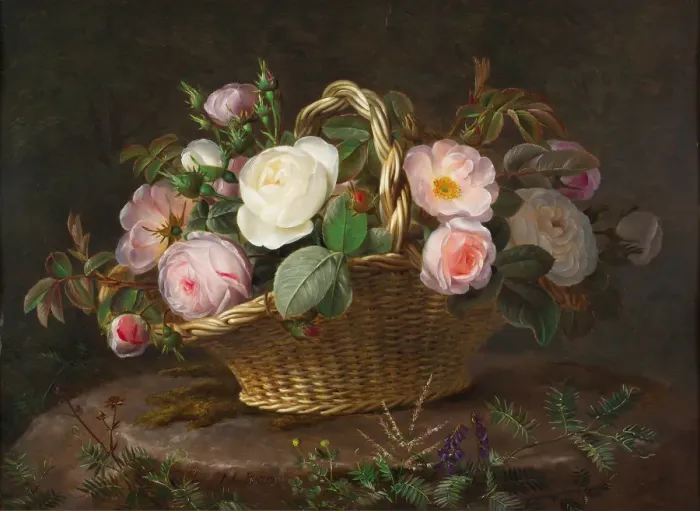Framed Print : Basket with flowers, c. 1843. Creator: Jensen, Johan Laurentz (1800-1856) Framed Print : Basket with flowers, c. 1843. Creator: Jensen, Johan Laurentz (1800-1856)