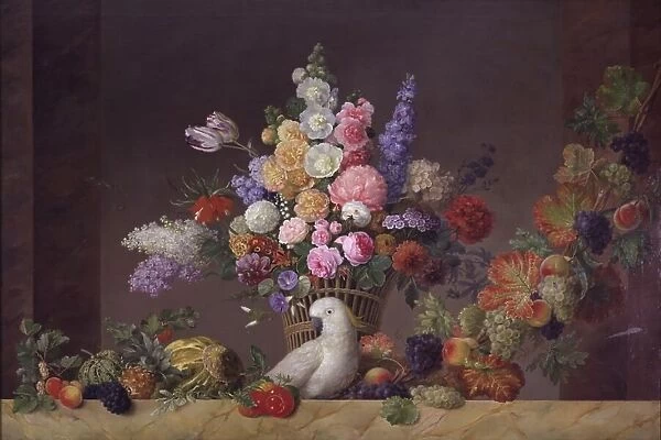 A basket of flowers, a cockatoo and a fruit vine, 1829. Creator: Johannes Ludvig Camradt
